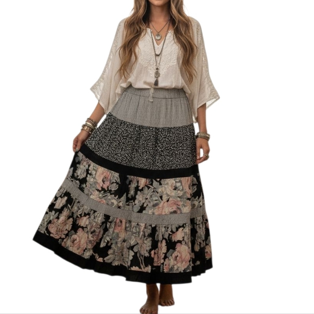Bohemian Floral Maxi Skirt - Black & Pink